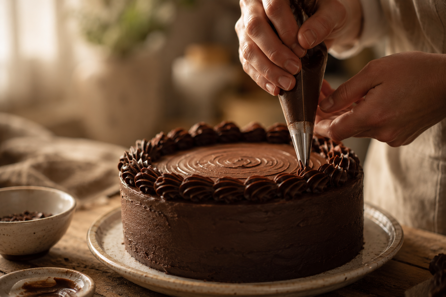 Hands finishing a cake